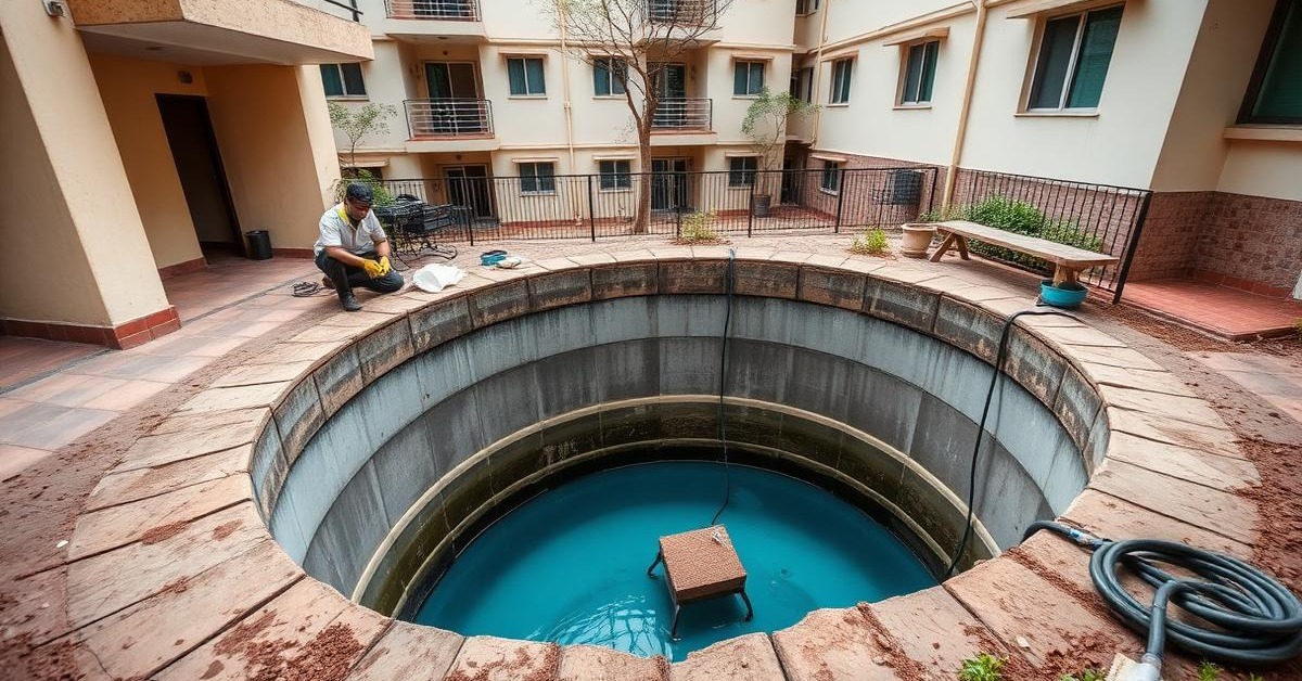 Uniformed technicians in safety gear cleaning an underground water sump in a Bangalore residential building