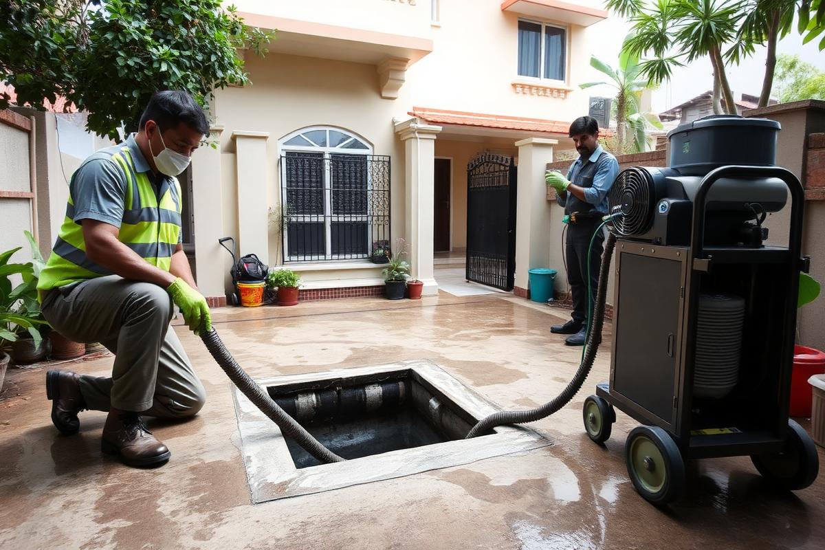 Technicians vacuuming sludge from an open courtyard sump at an independent house in Bangalore